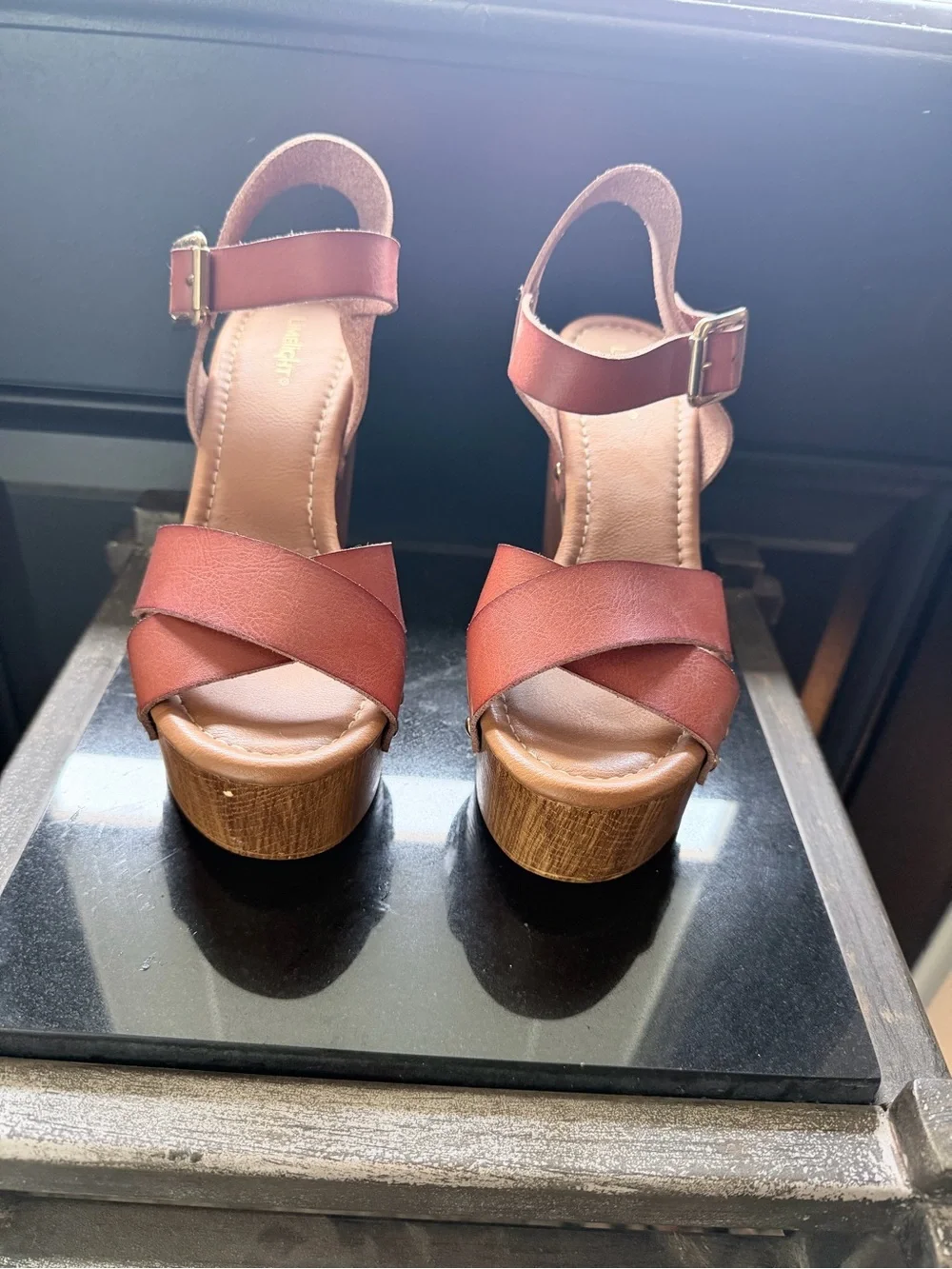 Limelight Brown Leather-Look Platform Sandals with Buckle Ankle Strap